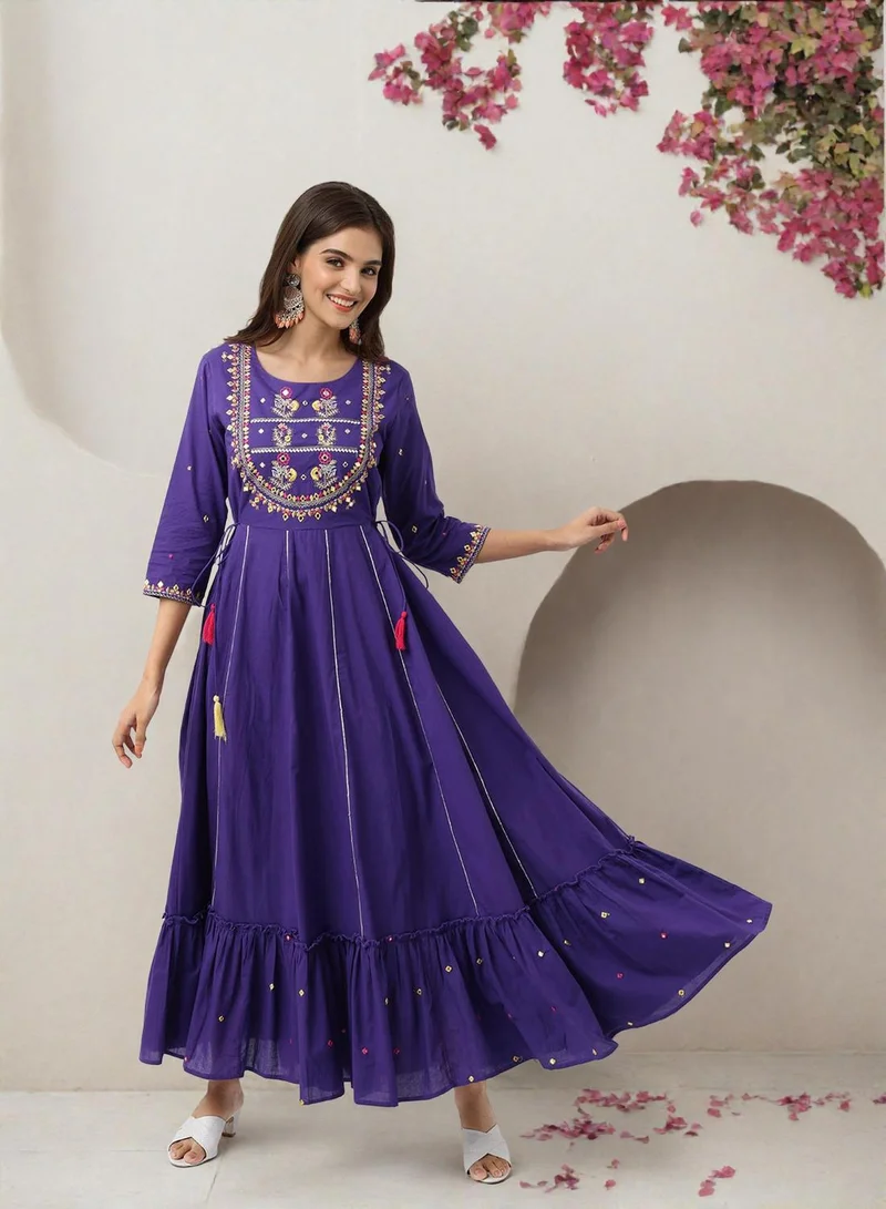 ISHIN  Women'S Purple 100% Cotton Embellished Regular Fit Dress for Women | Best Price UAE